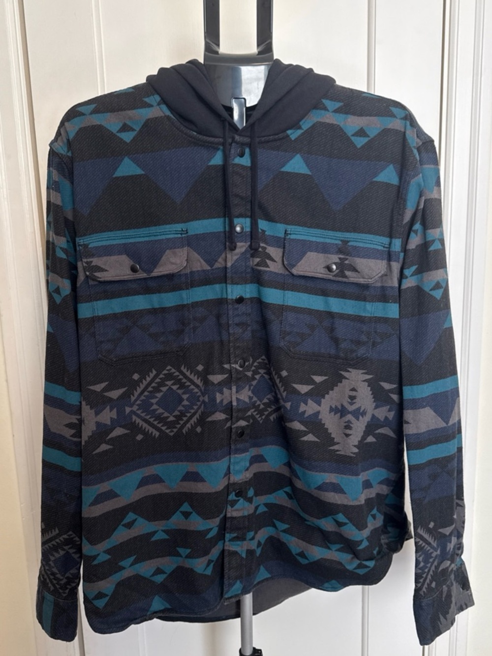 Arizona Jean Co Men’s XXL Hooded Flannel Shirt Aztec Southwest Tribal Blue Black